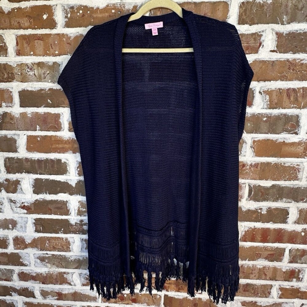 Lilly Pulitzer Bedford‎ Navy Cardigan Sweater Vest S/M Rib Knit Fringe Tassel